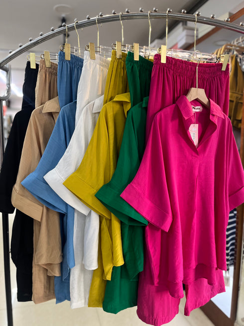 Women Collar Down Half Sleeves Pullover Shirts With Loose Trousers